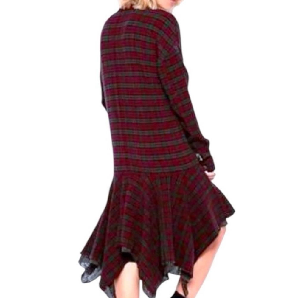 Women's Free People Plaid Long Sleeve distressed hem Dress M Red Green - Picture 2 of 6